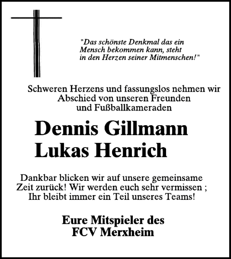  Traueranzeige für Dennis Gillmann und Lukas Henrich vom 23.09.2015 aus WochenSpiegel