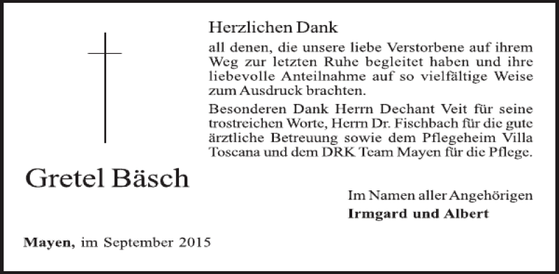 Traueranzeige für Gretel Bäsch vom 30.09.2015 aus WochenSpiegel