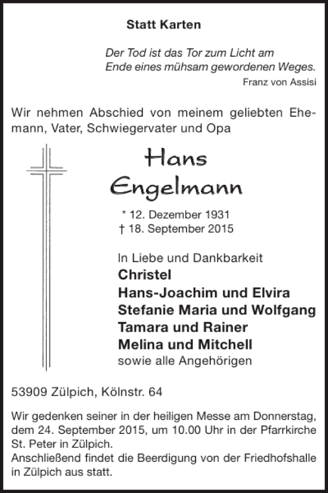  Traueranzeige für Hans Engelmann vom 23.09.2015 aus WochenSpiegel