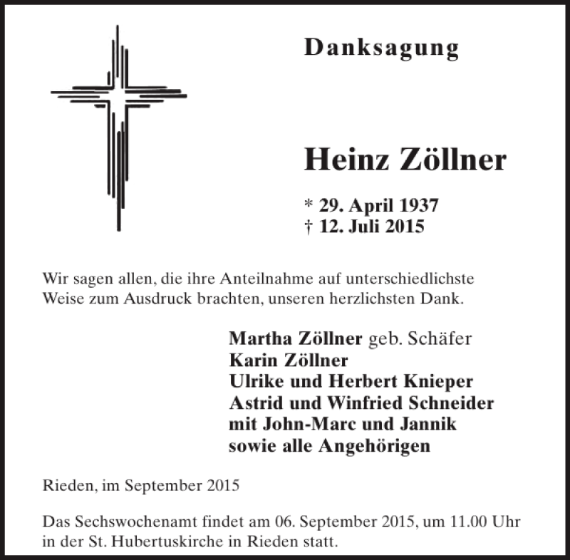  Traueranzeige für Heinz Zöllner vom 02.09.2015 aus WochenSpiegel