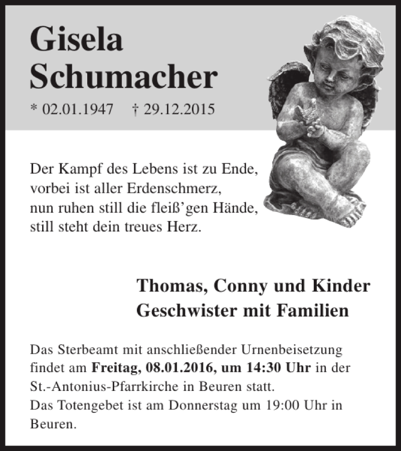  Traueranzeige für Gisela Schumacher vom 06.01.2016 aus WochenSpiegel
