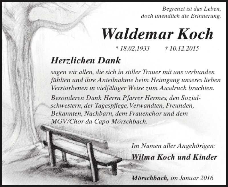  Traueranzeige für Waldemar Koch vom 20.01.2016 aus WochenSpiegel