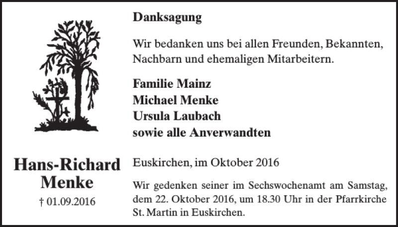  Traueranzeige für Hans-Richard Menke vom 19.10.2016 aus WochenSpiegel