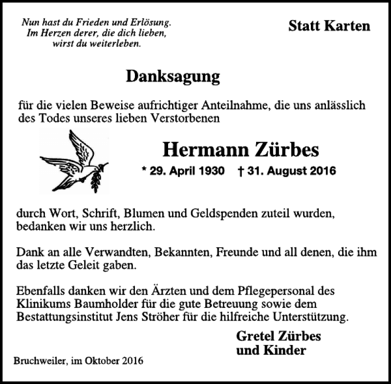  Traueranzeige für Hermann Zürbes vom 19.10.2016 aus WochenSpiegel