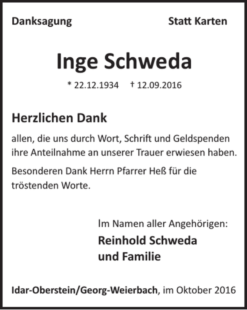  Traueranzeige für Inge Schweda vom 26.10.2016 aus WochenSpiegel