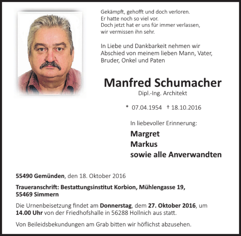  Traueranzeige für Manfred Schumacher vom 26.10.2016 aus WochenSpiegel