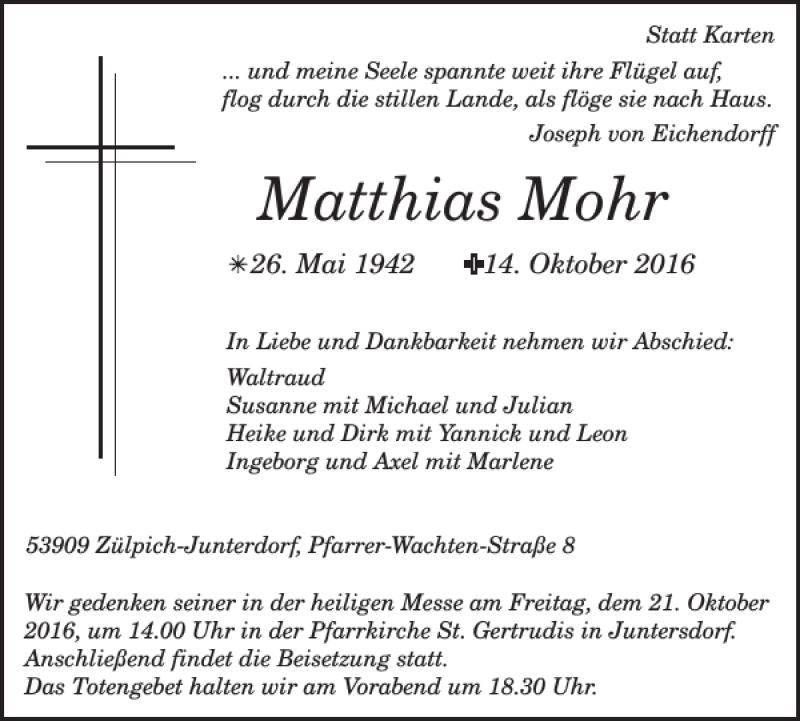  Traueranzeige für Matthias Mohr vom 19.10.2016 aus WochenSpiegel