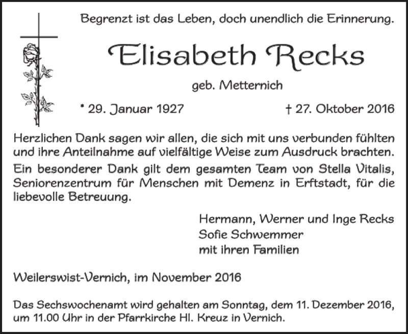  Traueranzeige für Elisabeth Recks vom 23.11.2016 aus WochenSpiegel