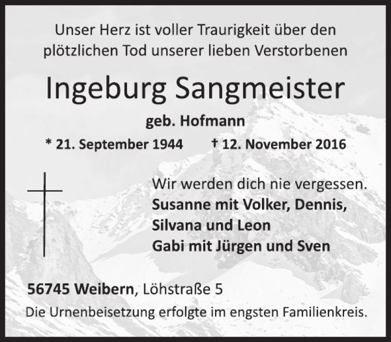  Traueranzeige für Ingeburg Sangmeister vom 23.11.2016 aus WochenSpiegel
