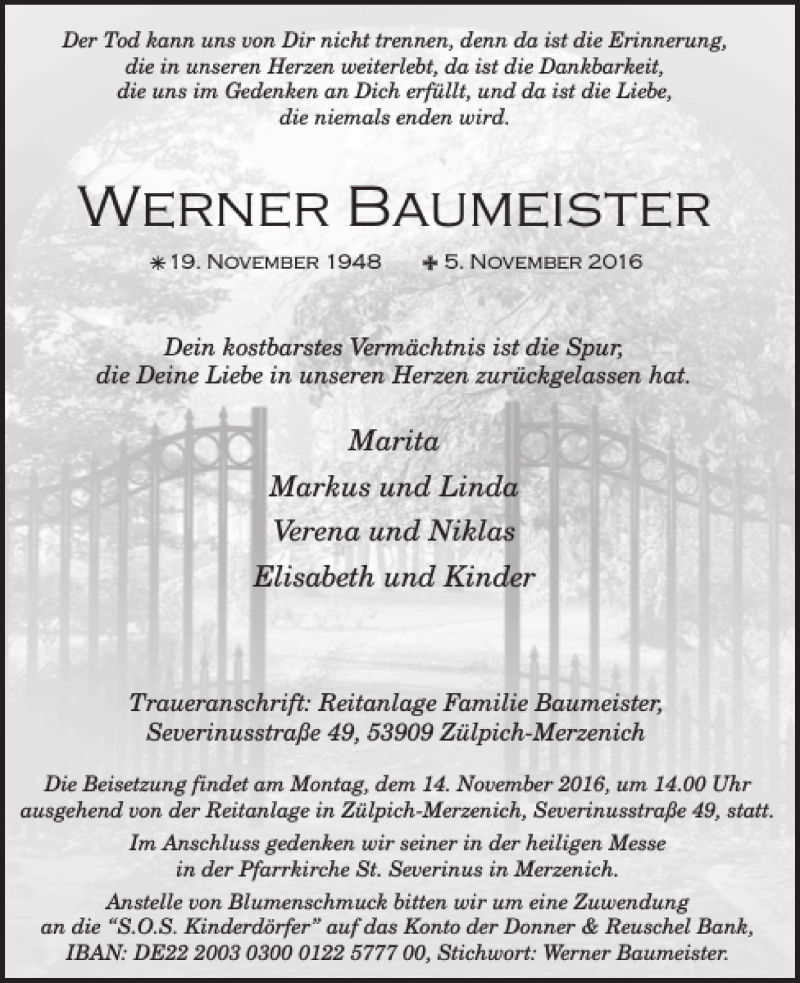  Traueranzeige für Werner Baumeister vom 09.11.2016 aus WochenSpiegel
