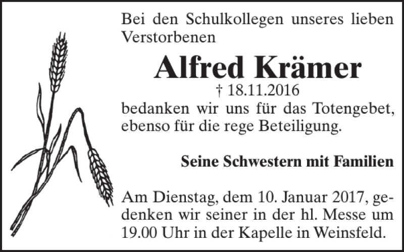  Traueranzeige für Alfred Krämer vom 30.12.2016 aus WochenSpiegel