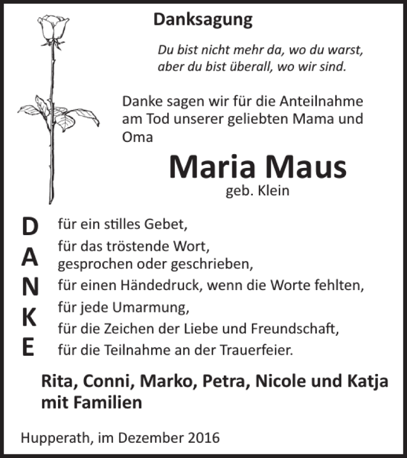  Traueranzeige für Maria Maus vom 09.12.2016 aus WochenSpiegel
