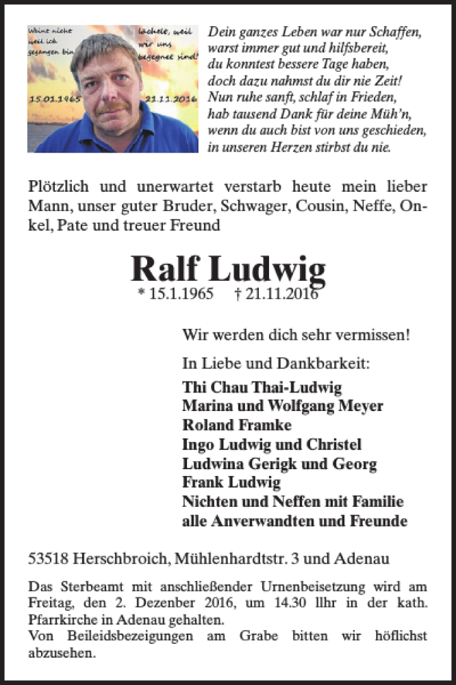  Traueranzeige für Ralf Ludwig vom 03.12.2016 aus WochenSpiegel