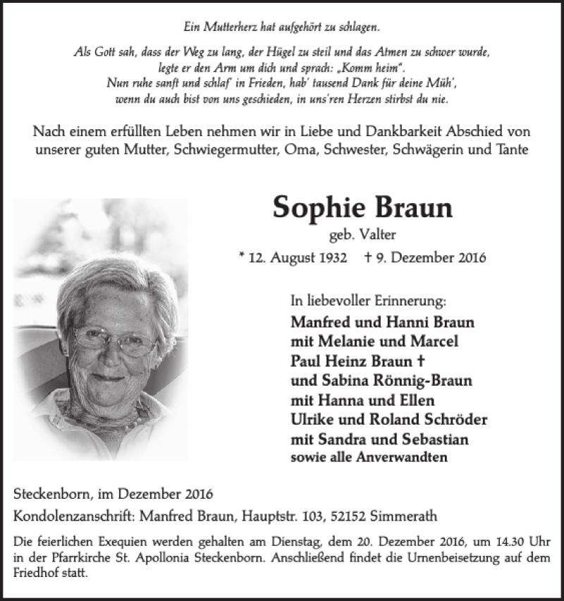  Traueranzeige für Sophie Braun vom 14.12.2016 aus WochenSpiegel