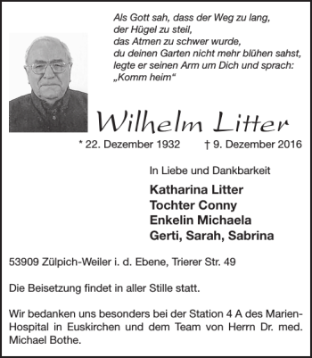 Traueranzeige von Wilhelm Litter von WochenSpiegel