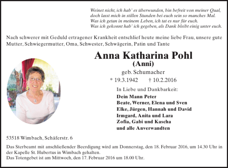  Traueranzeige für Anna Katharina Pohl vom 20.02.2016 aus WochenSpiegel