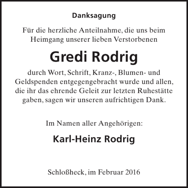  Traueranzeige für Gredi Rodrig vom 24.02.2016 aus WochenSpiegel