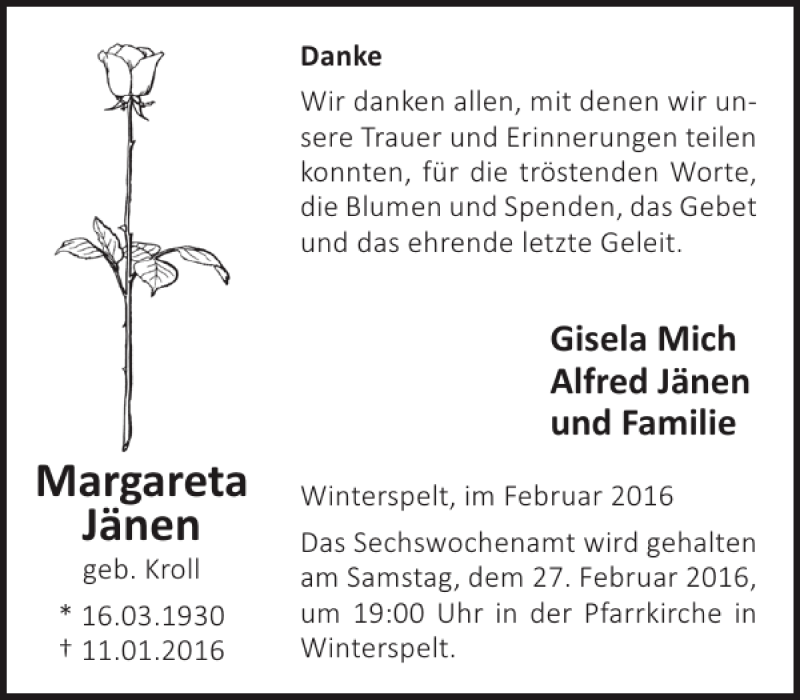  Traueranzeige für Margareta Jänen vom 17.02.2016 aus WochenSpiegel