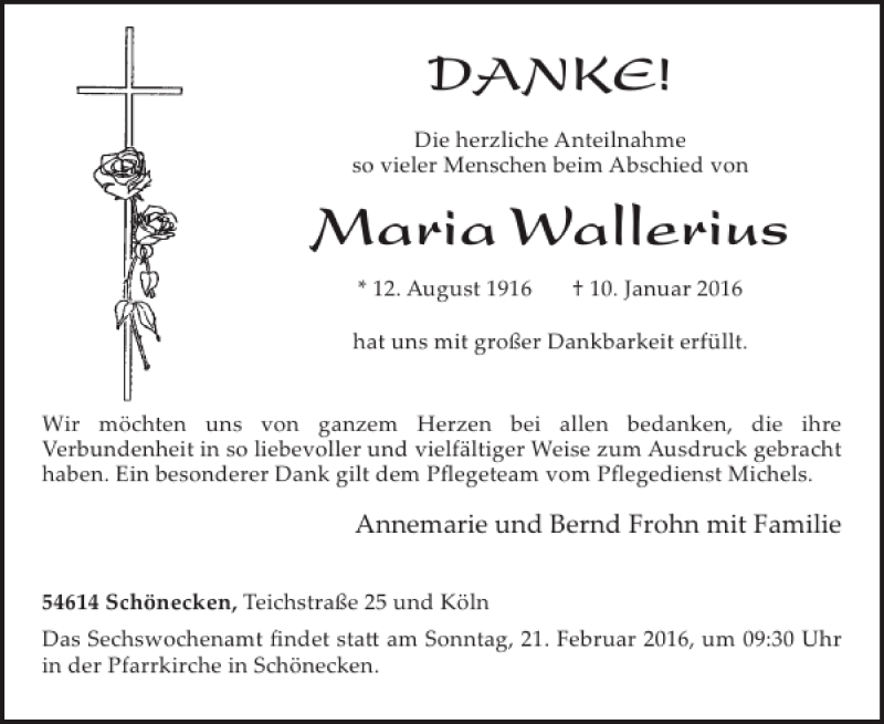  Traueranzeige für Maria Wallerius vom 17.02.2016 aus WochenSpiegel