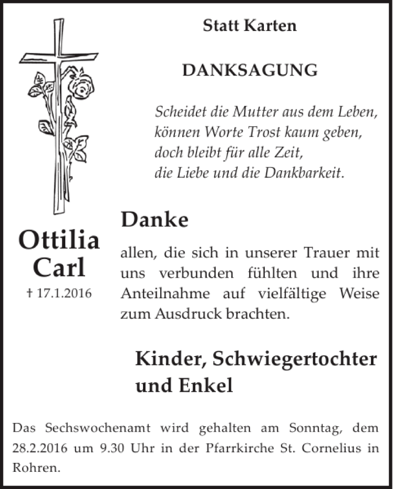  Traueranzeige für Ottilia Carl vom 24.02.2016 aus WochenSpiegel