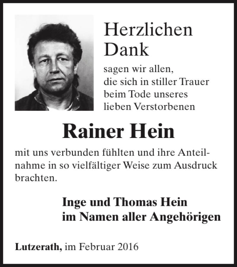  Traueranzeige für Rainer Hein vom 24.02.2016 aus WochenSpiegel
