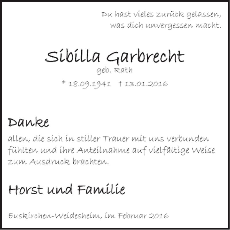  Traueranzeige für Sibilla Garbrecht vom 17.02.2016 aus WochenSpiegel