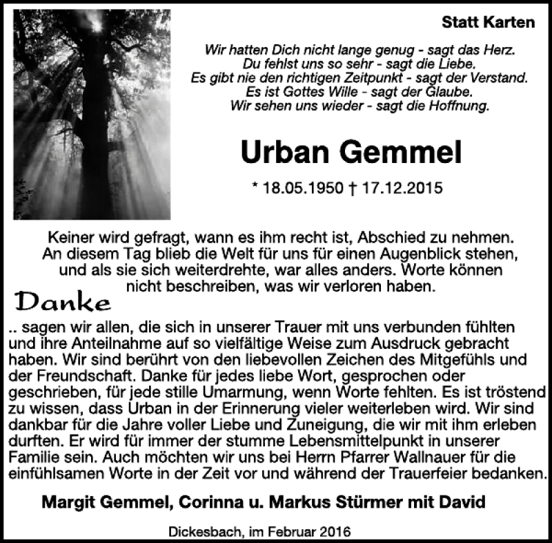  Traueranzeige für Urban Gemmel vom 17.02.2016 aus WochenSpiegel