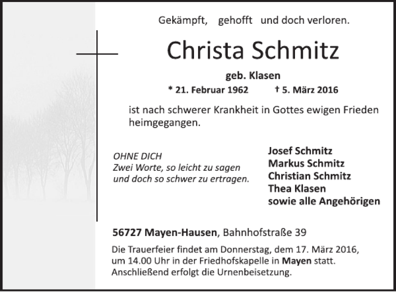  Traueranzeige für Christa Schmitz geb. Klasen vom 16.03.2016 aus WochenSpiegel