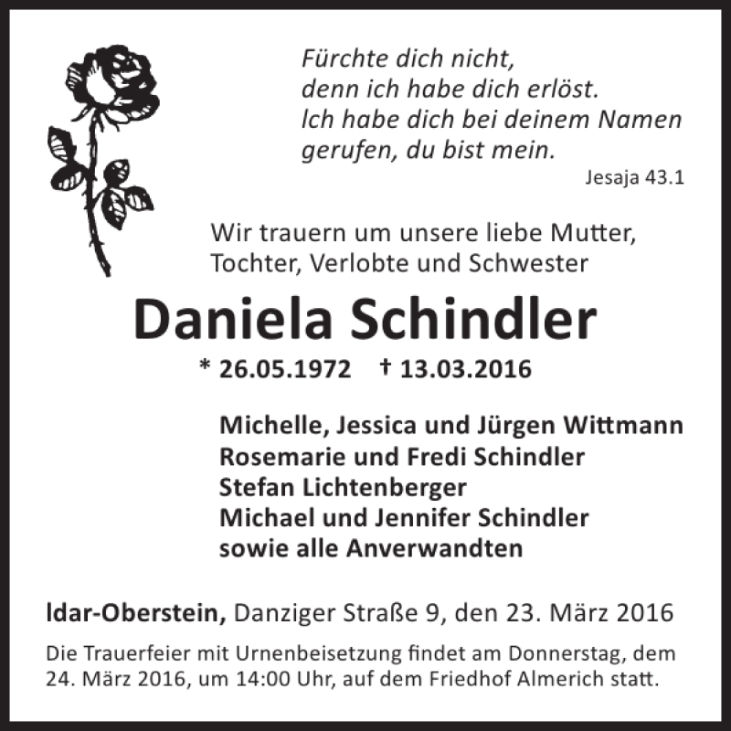  Traueranzeige für Daniela Schindler vom 23.03.2016 aus WochenSpiegel