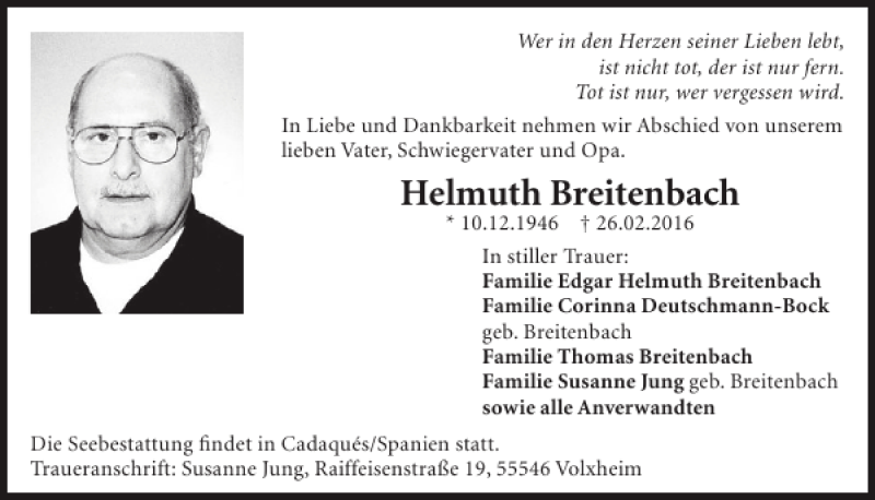  Traueranzeige für Helmuth Breitenbach vom 09.03.2016 aus WochenSpiegel