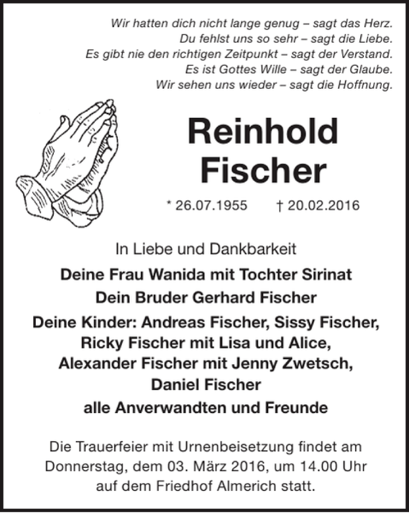  Traueranzeige für Reinhold Fischer vom 02.03.2016 aus WochenSpiegel