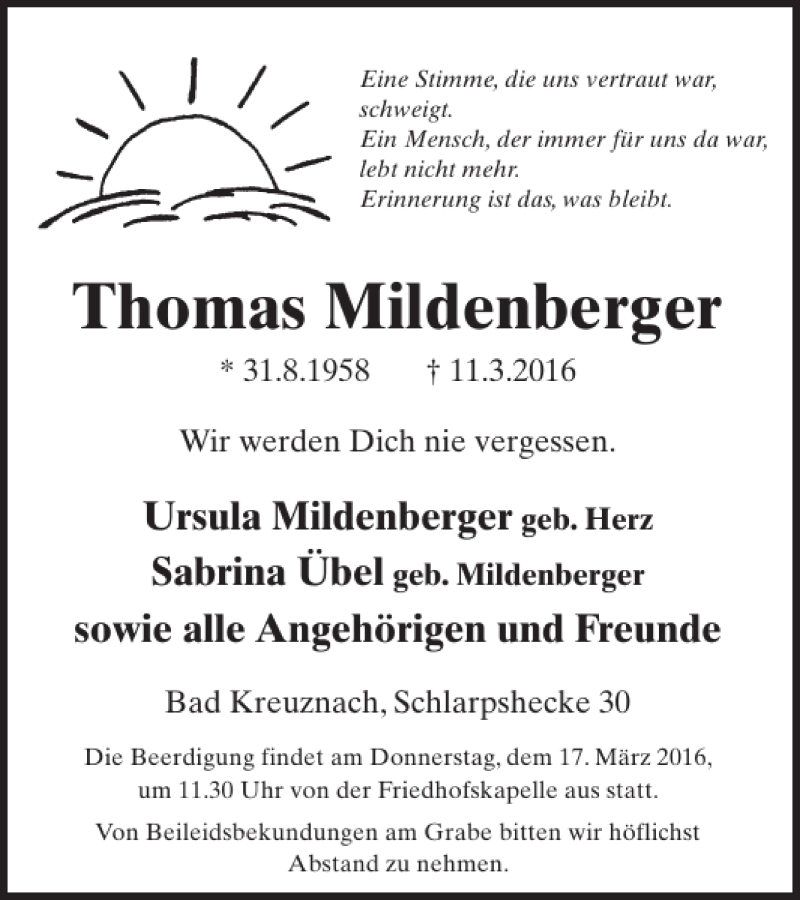  Traueranzeige für Thomas Mildenberger vom 16.03.2016 aus WochenSpiegel