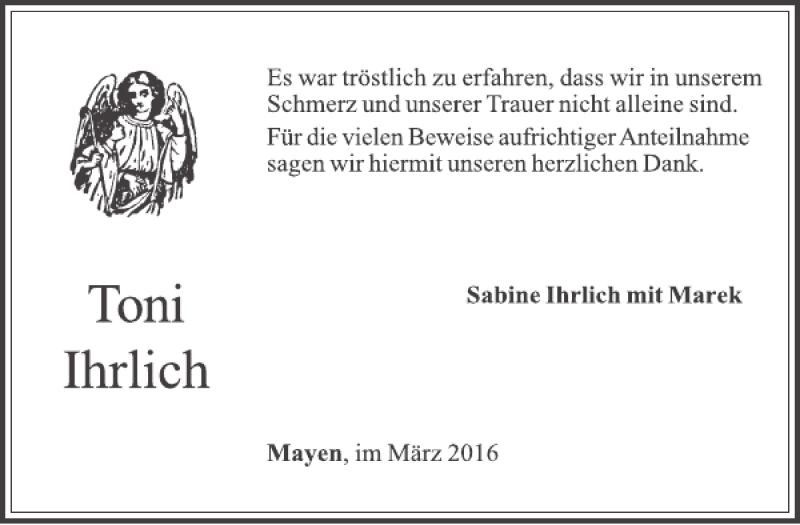  Traueranzeige für Toni Ihrlich vom 30.03.2016 aus WochenSpiegel