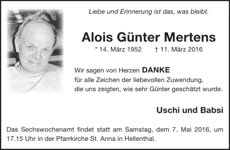  Traueranzeige für Alois Günter Mertens vom 27.04.2016 aus WochenSpiegel