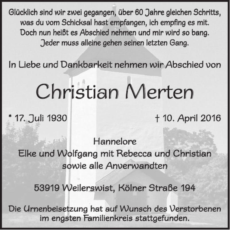 Traueranzeige für Christian Merten vom 20.04.2016 aus WochenSpiegel