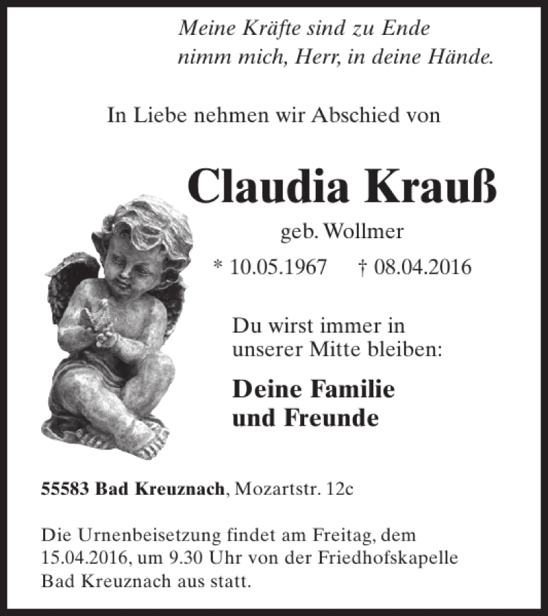  Traueranzeige für Claudia Krauß vom 13.04.2016 aus WochenSpiegel