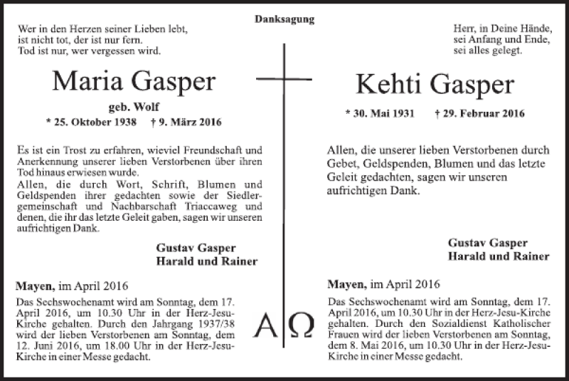  Traueranzeige für Maria und Kehti Gasper vom 13.04.2016 aus WochenSpiegel