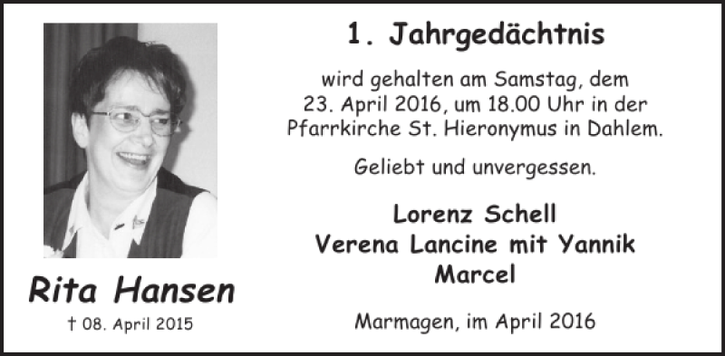  Traueranzeige für Rita Hansen vom 20.04.2016 aus WochenSpiegel