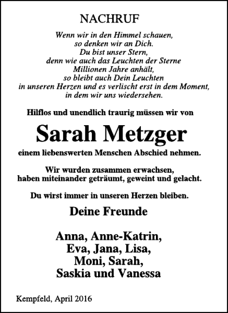  Traueranzeige für Sarah Metzger vom 13.04.2016 aus WochenSpiegel