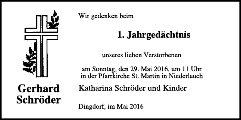 Traueranzeige für Gerhard Schröder vom 20.05.2016 aus WochenSpiegel