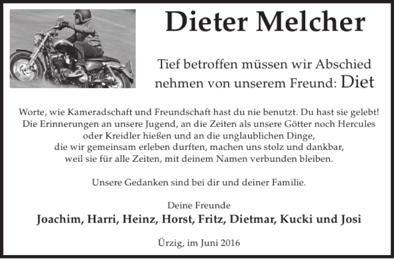  Traueranzeige für Dieter Melcher vom 10.06.2016 aus WochenSpiegel