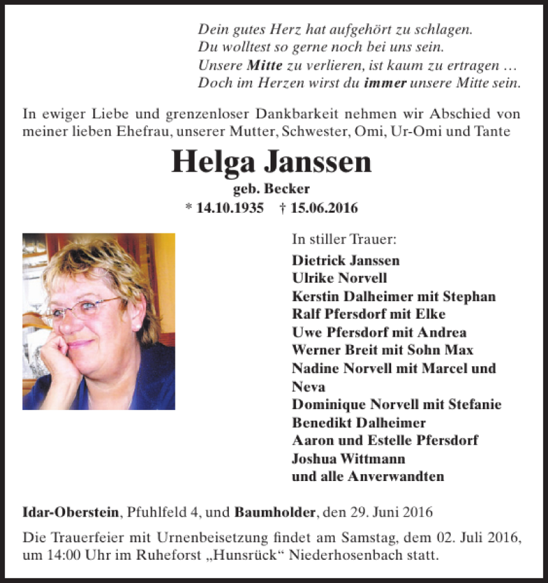  Traueranzeige für Helga Janssen vom 29.06.2016 aus WochenSpiegel
