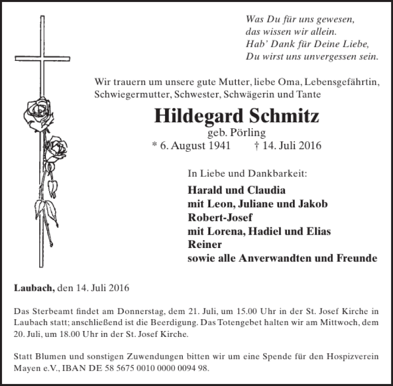  Traueranzeige für Hildegard Schmitz vom 20.07.2016 aus WochenSpiegel