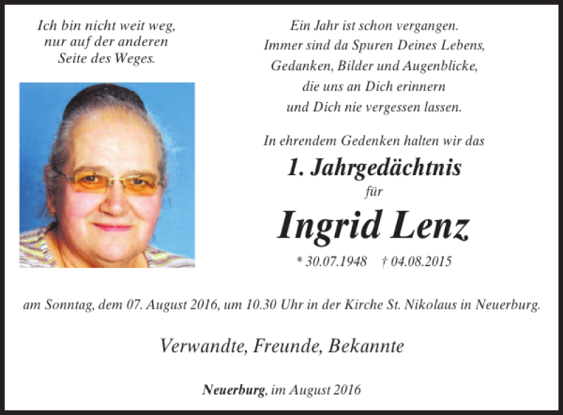  Traueranzeige für Ingrid Lenz vom 29.07.2016 aus WochenSpiegel