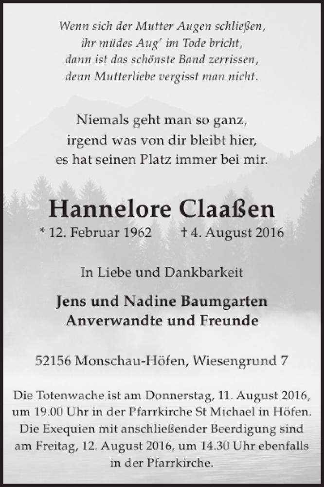  Traueranzeige für Hannelore Claaßen vom 10.08.2016 aus WochenSpiegel