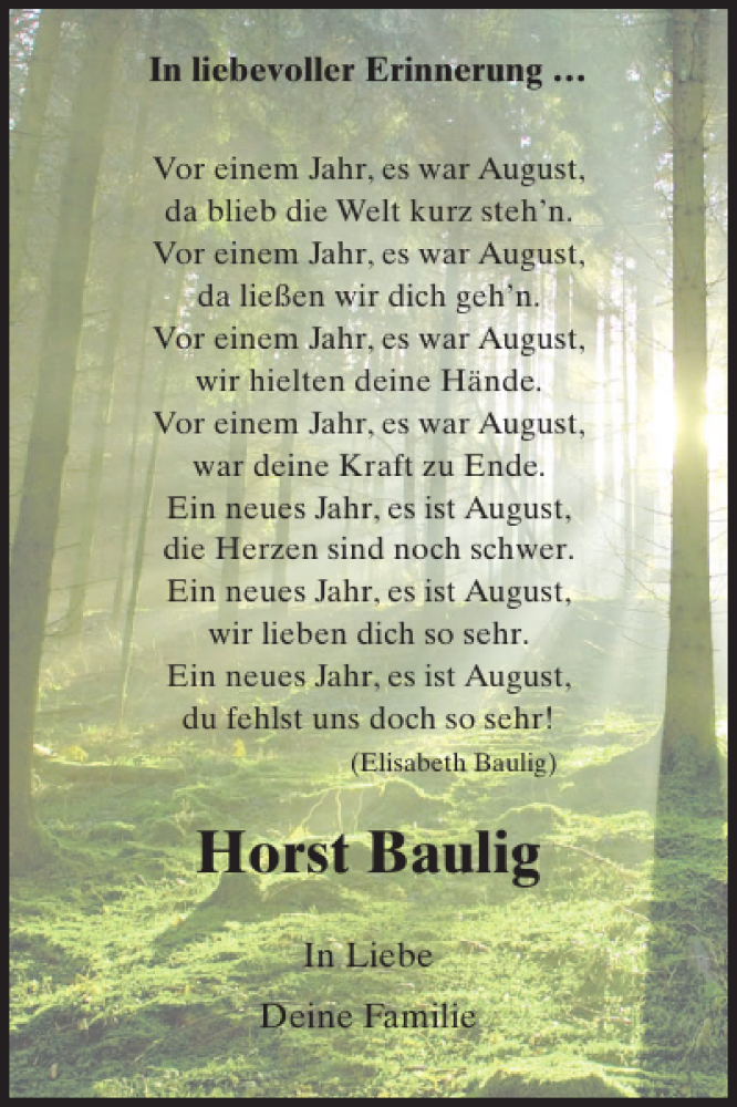  Traueranzeige für Horst Baulig vom 24.08.2016 aus WochenSpiegel