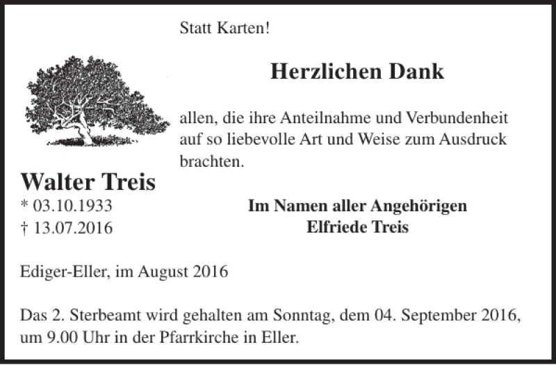  Traueranzeige für Walter Treis vom 31.08.2016 aus WochenSpiegel