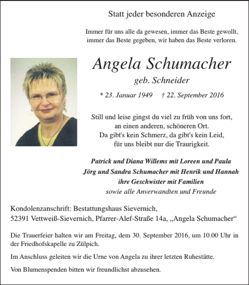  Traueranzeige für Angela Schumacher vom 28.09.2016 aus WochenSpiegel
