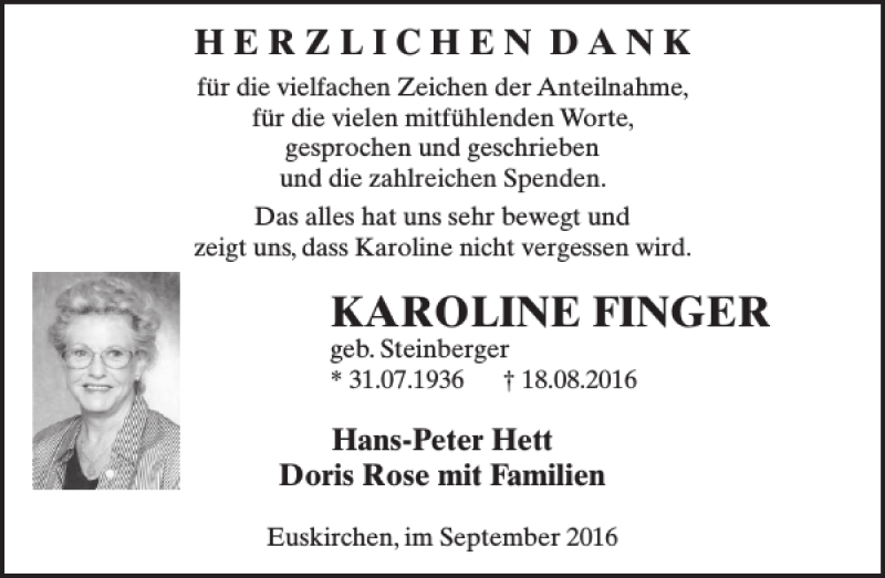  Traueranzeige für KAROLINE FINGER vom 14.09.2016 aus WochenSpiegel