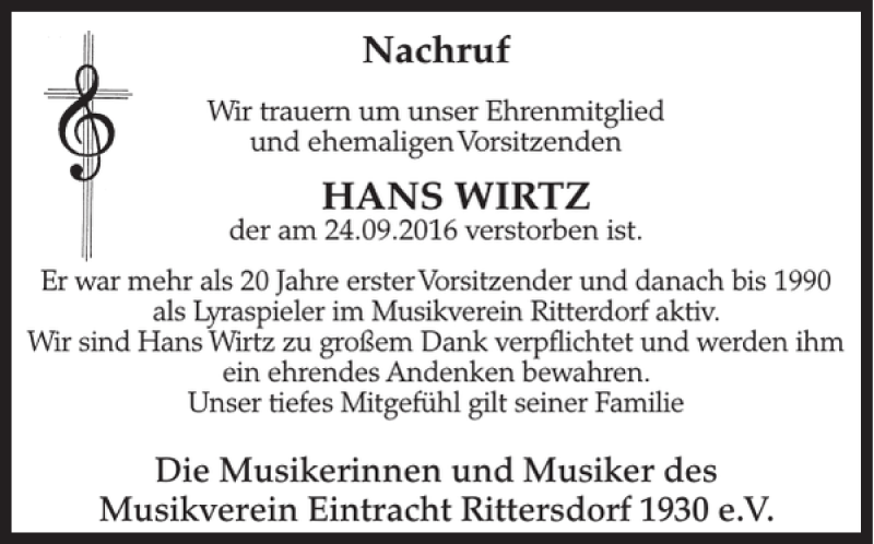  Traueranzeige für Nachruf HANS WIRTZ vom 30.09.2016 aus WochenSpiegel